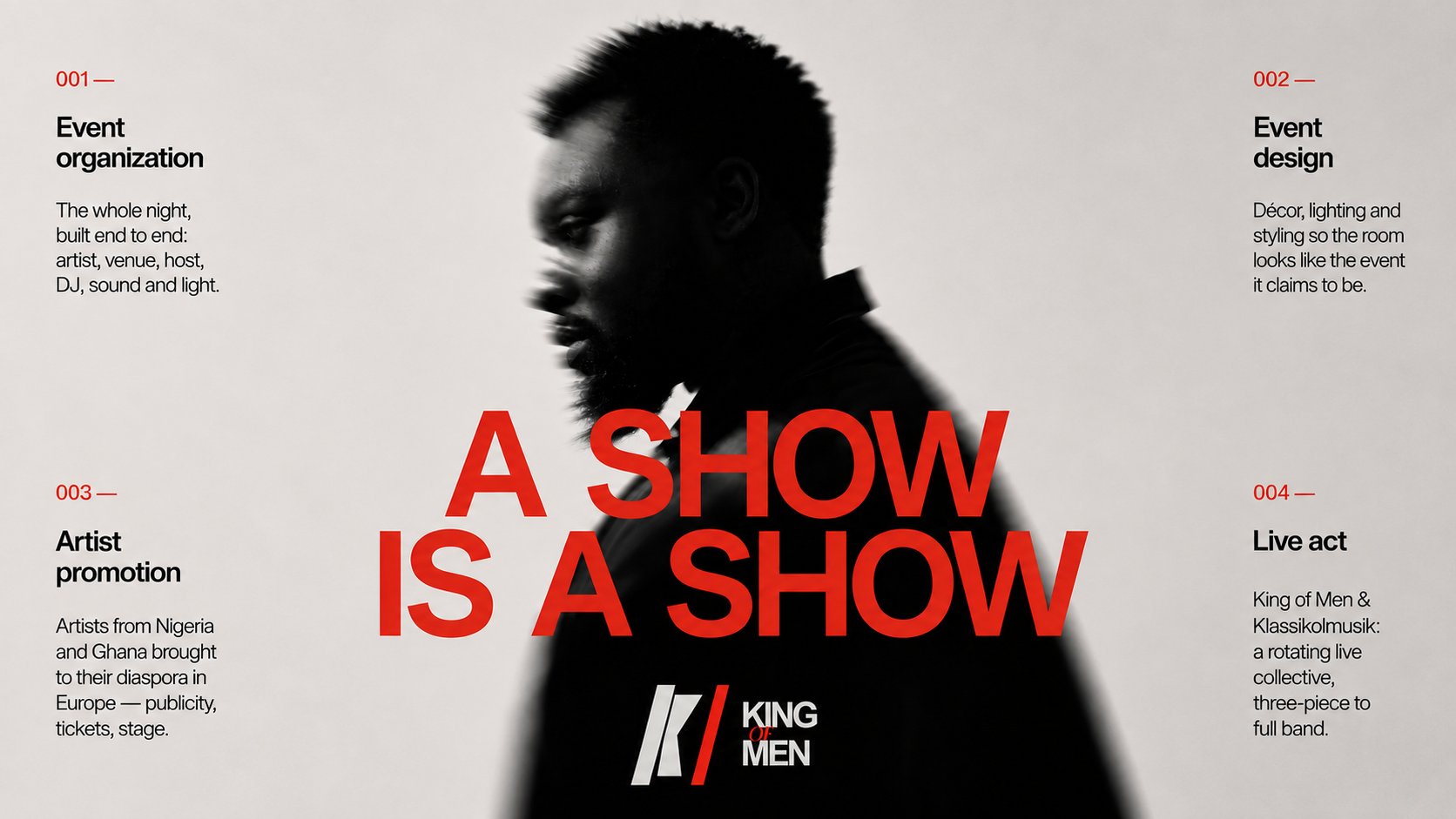 A show is a show — King of Men, event organisation, event design, artist promotion, live act